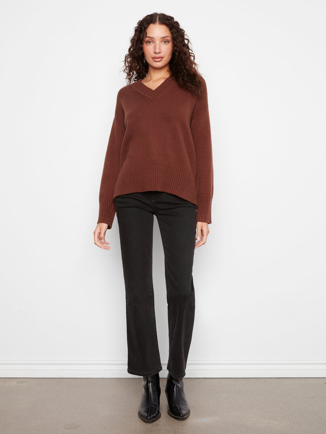 Long Sleeve Drop Shoulder V Neck Sweater With Fully Fashion Rib Detail