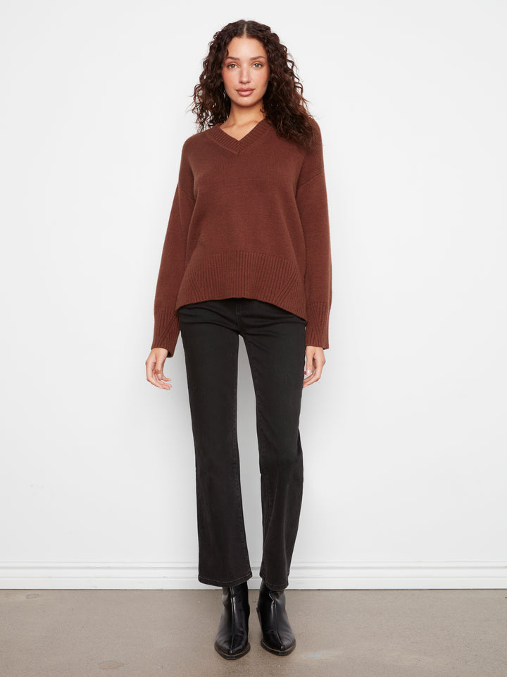Long Sleeve Drop Shoulder V Neck Sweater With Fully Fashion Rib Detail