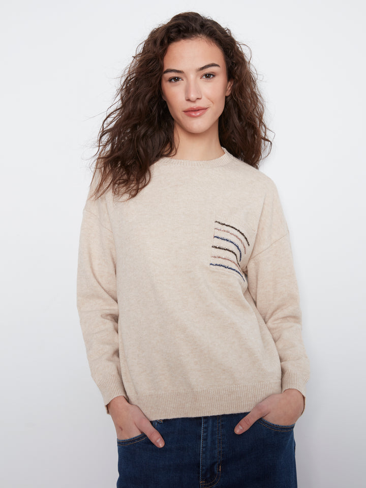 Crew Neck Sweater With Striped Flap Pocket at Chest