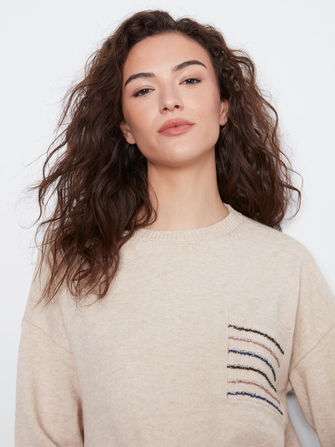 Crew Neck Sweater With Striped Flap Pocket at Chest