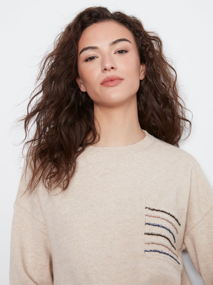 Crew Neck Sweater With Striped Flap Pocket at Chest