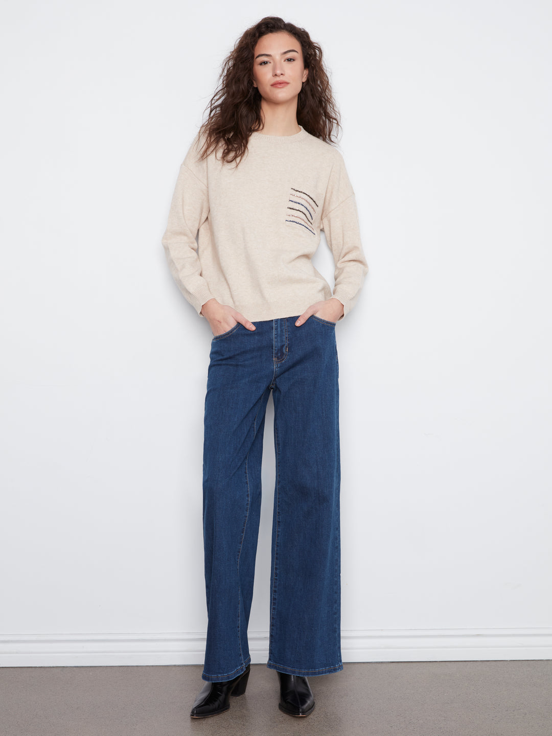 Crew Neck Sweater With Striped Flap Pocket at Chest