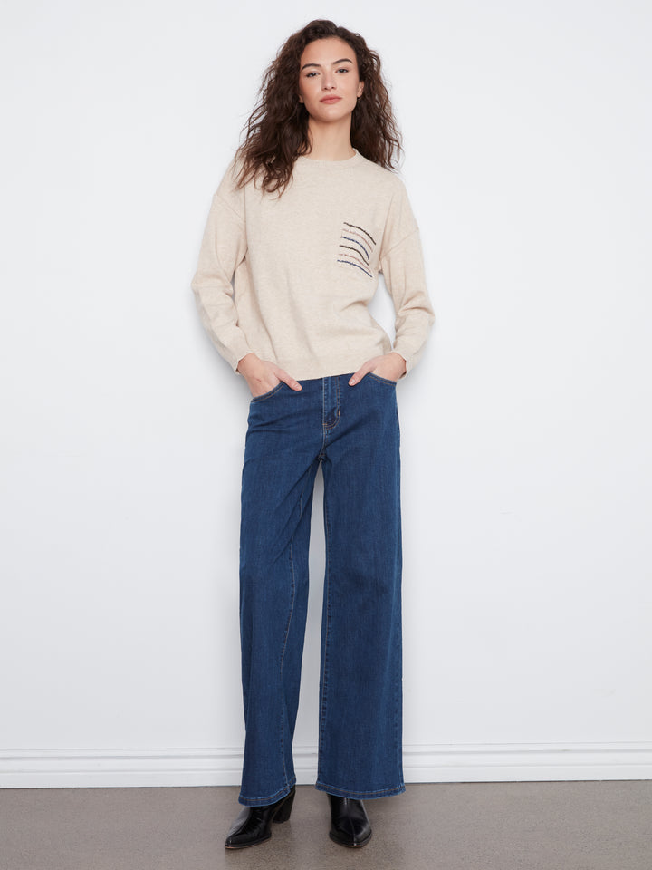 Crew Neck Sweater With Striped Flap Pocket at Chest