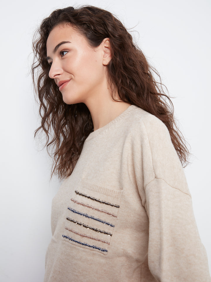 Crew Neck Sweater With Striped Flap Pocket at Chest