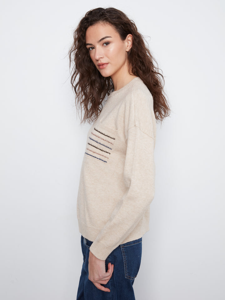 Crew Neck Sweater With Striped Flap Pocket at Chest