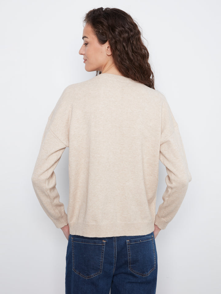 Crew Neck Sweater With Striped Flap Pocket at Chest