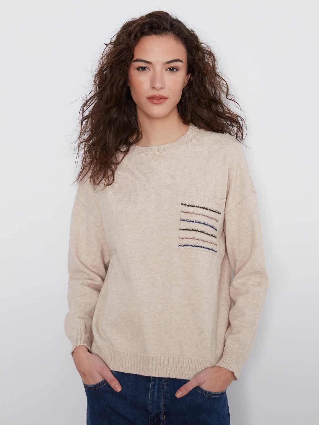 Crew Neck Sweater With Striped Flap Pocket at Chest