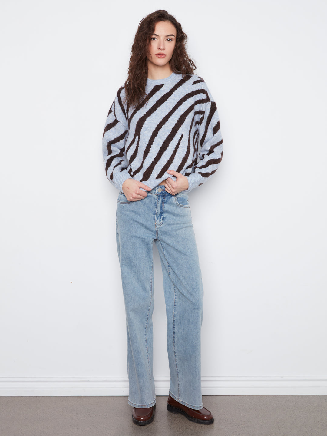 Long Sleeve Drop Shoulder Crew Neck Jacquard Sweater