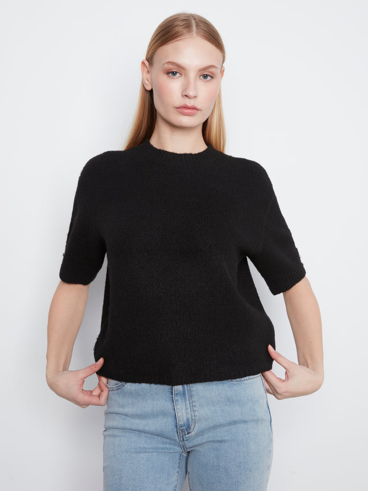 Elbow Sleeve Mock Neck Sweater With Buttons Detail At Cuff