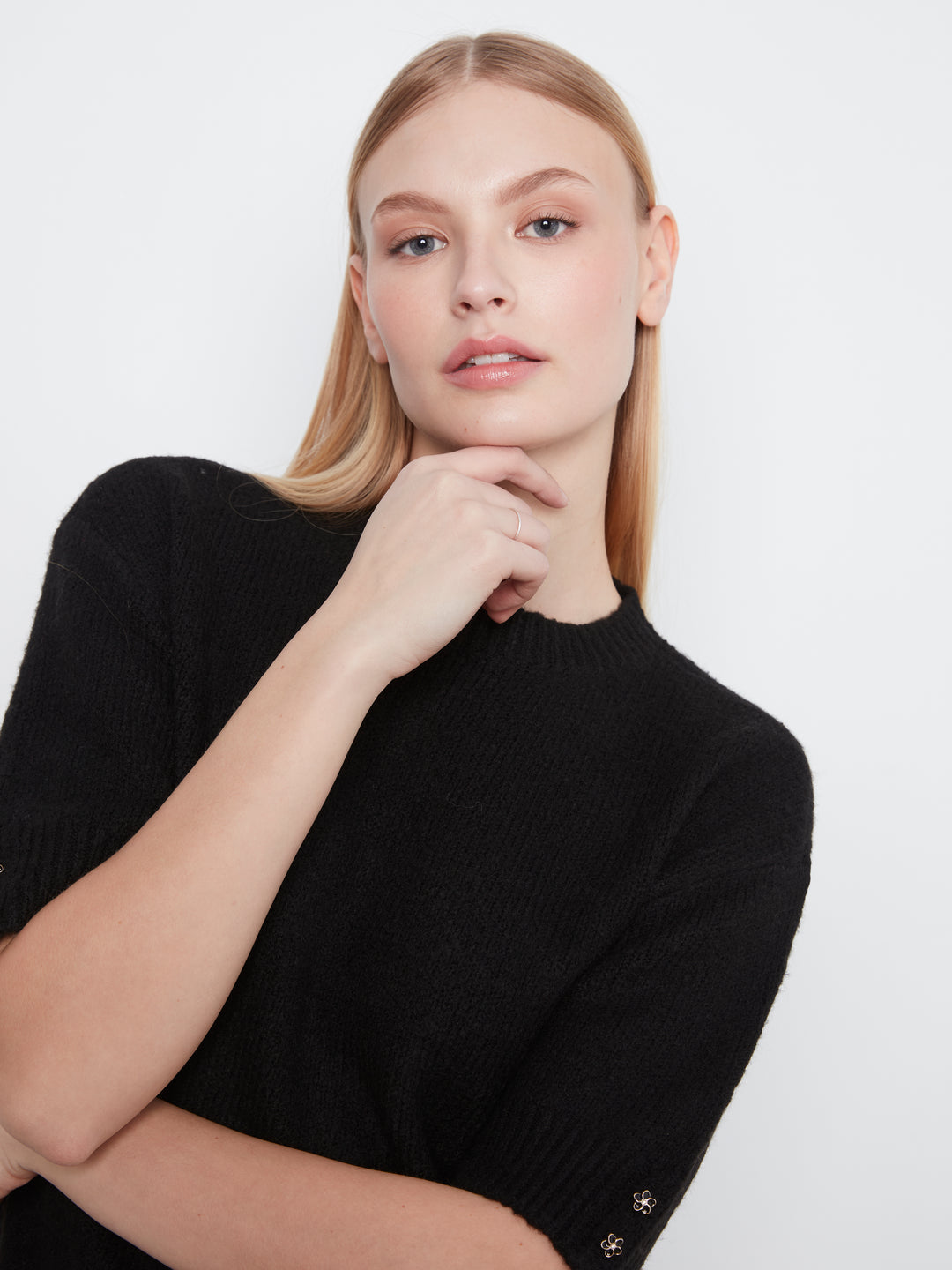 Elbow Sleeve Mock Neck Sweater With Buttons Detail At Cuff