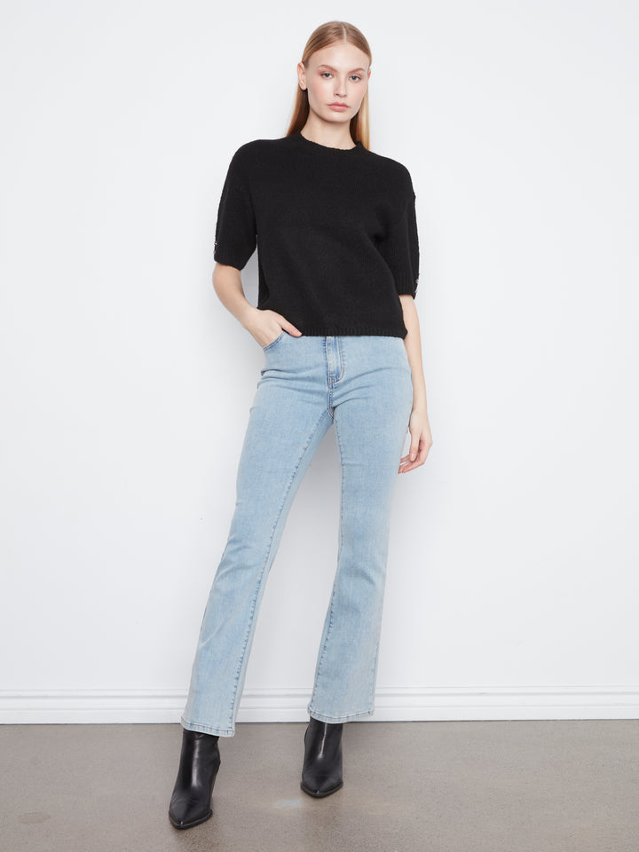 Elbow Sleeve Mock Neck Sweater With Buttons Detail At Cuff