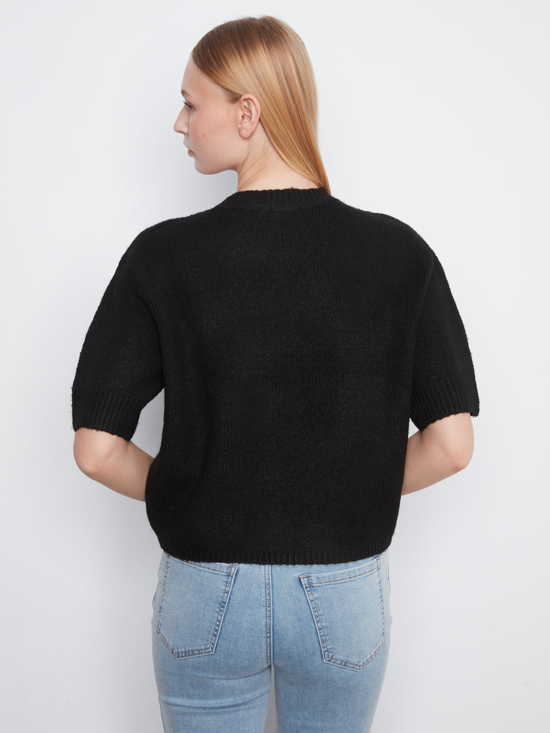 Elbow Sleeve Mock Neck Sweater With Buttons Detail At Cuff