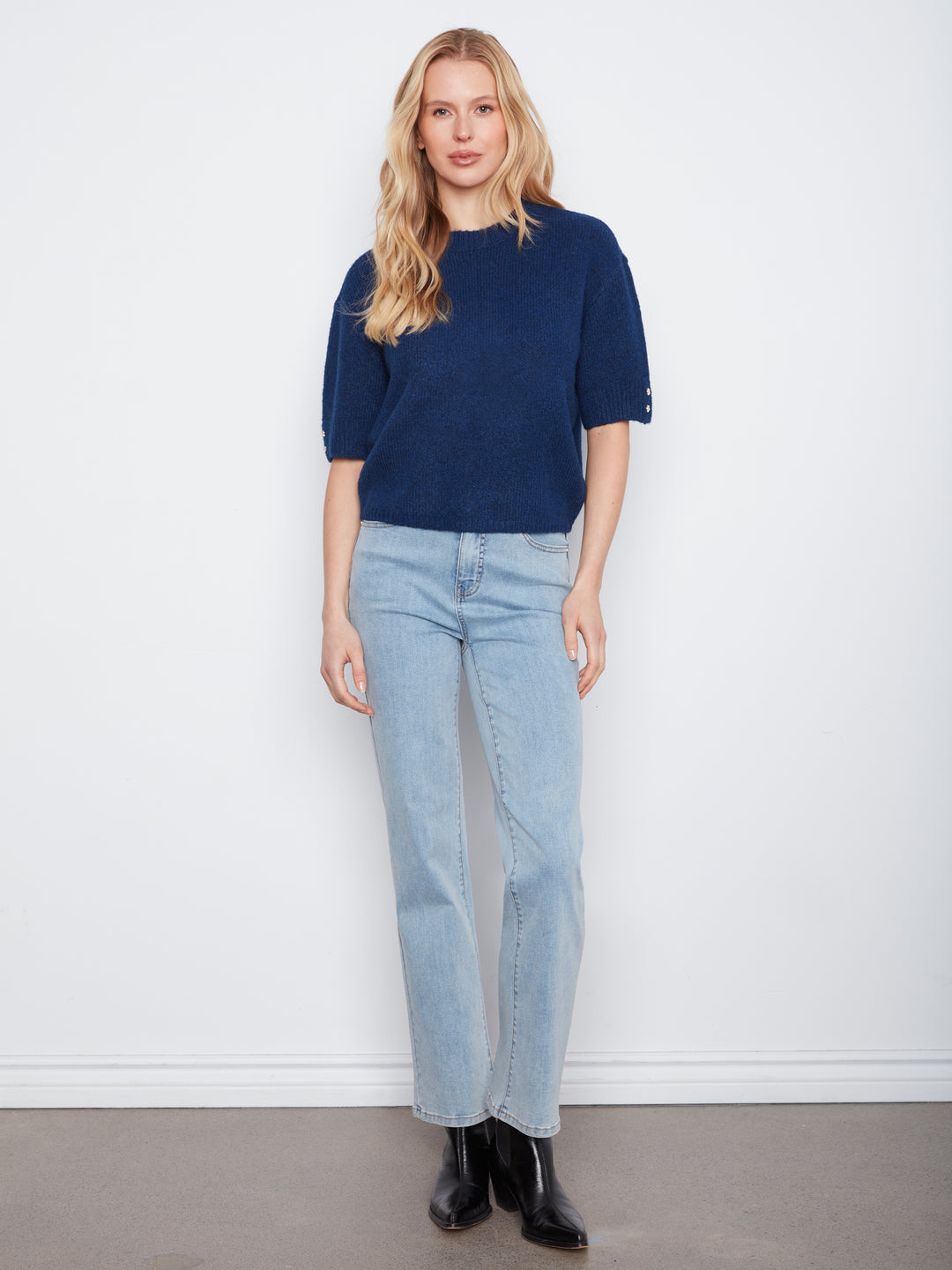 Elbow Sleeve Mock Neck Sweater With Buttons Detail At Cuff
