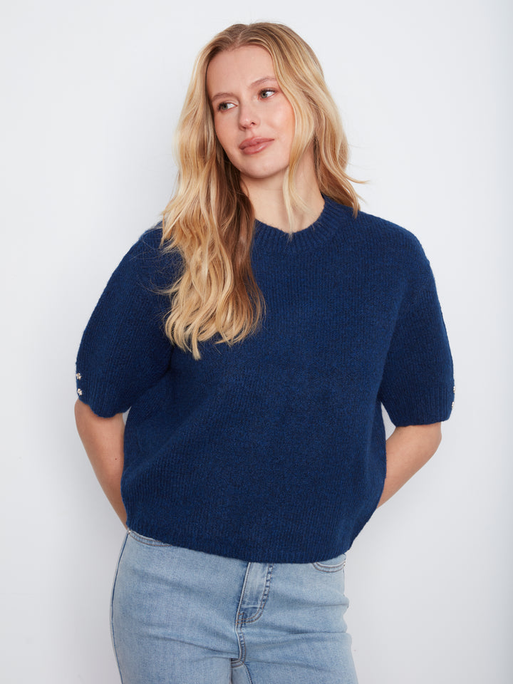 Elbow Sleeve Mock Neck Sweater With Buttons Detail At Cuff