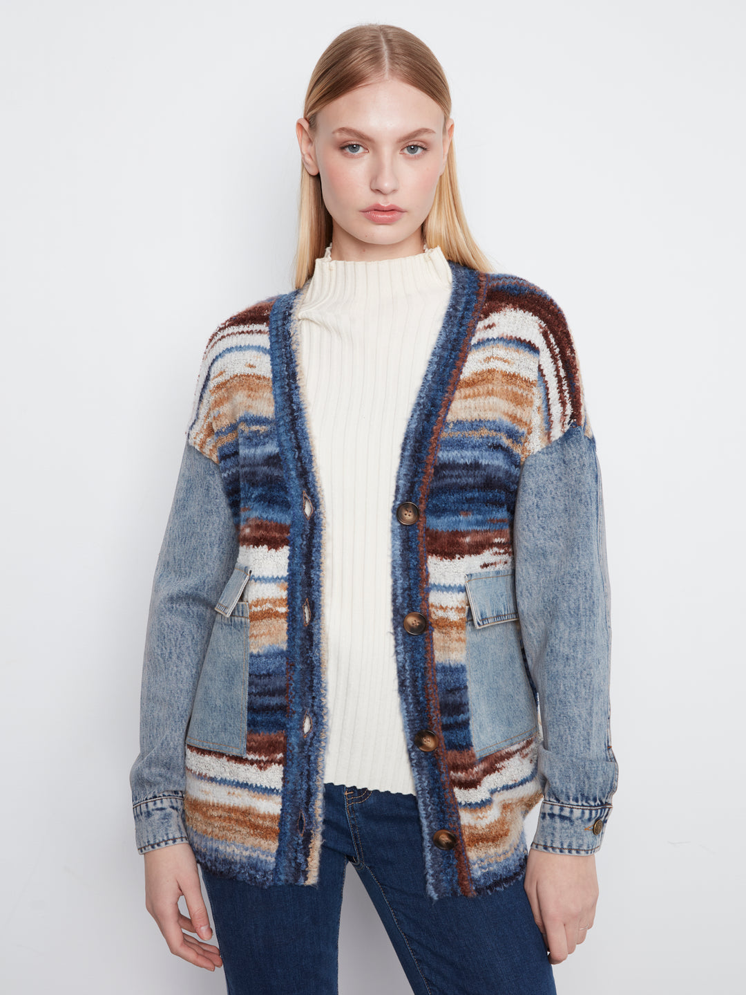 Space Dye Yarn Cardigan With Denim Combo