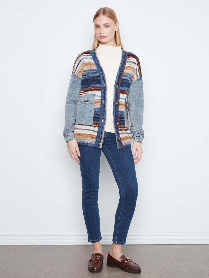 Space Dye Yarn Cardigan With Denim Combo