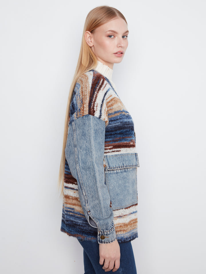 Space Dye Yarn Cardigan With Denim Combo