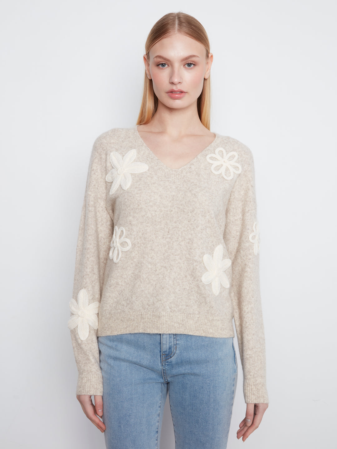 Long Sleeve Drop Shoulder V Neck w/ Flower Applique