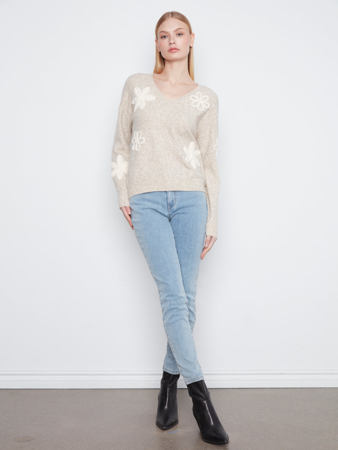 Long Sleeve Drop Shoulder V Neck w/ Flower Applique