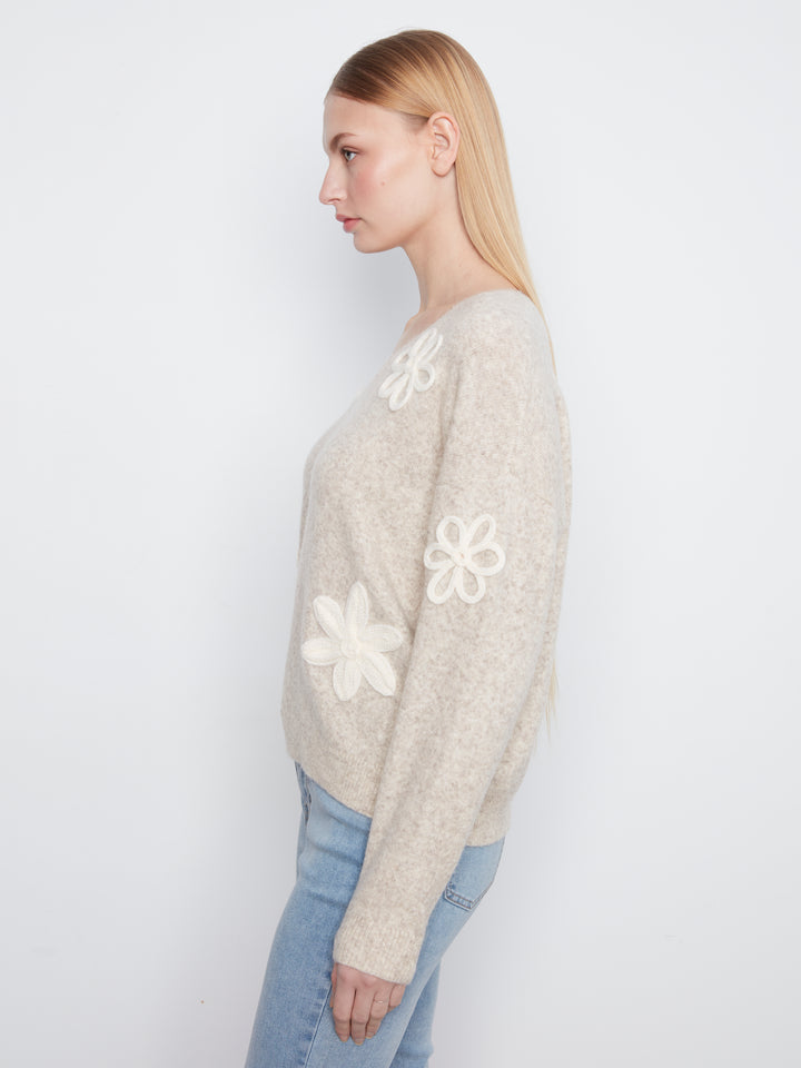Long Sleeve Drop Shoulder V Neck w/ Flower Applique
