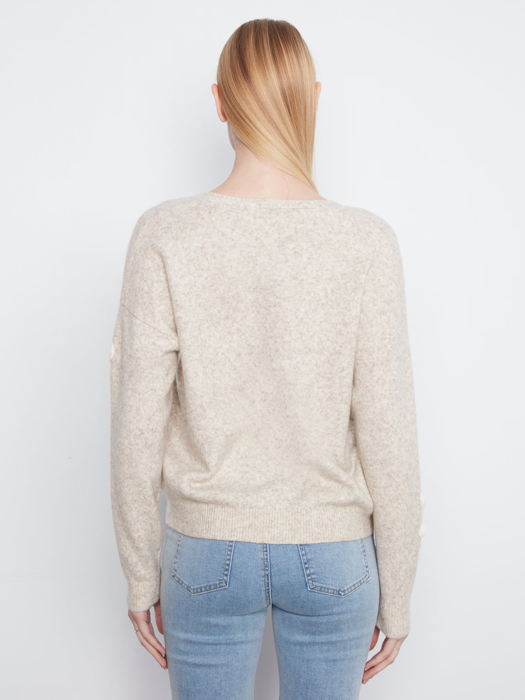 Long Sleeve Drop Shoulder V Neck w/ Flower Applique