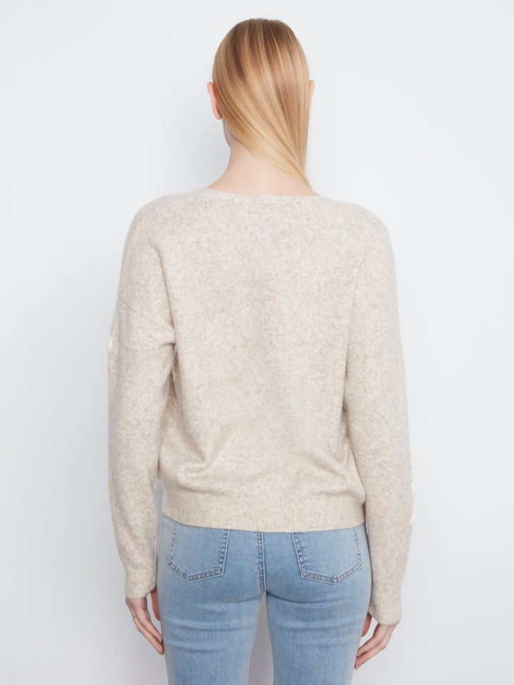 Long Sleeve Drop Shoulder V Neck w/ Flower Applique