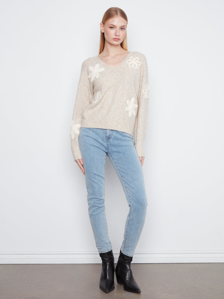 Long Sleeve Drop Shoulder V Neck w/ Flower Applique