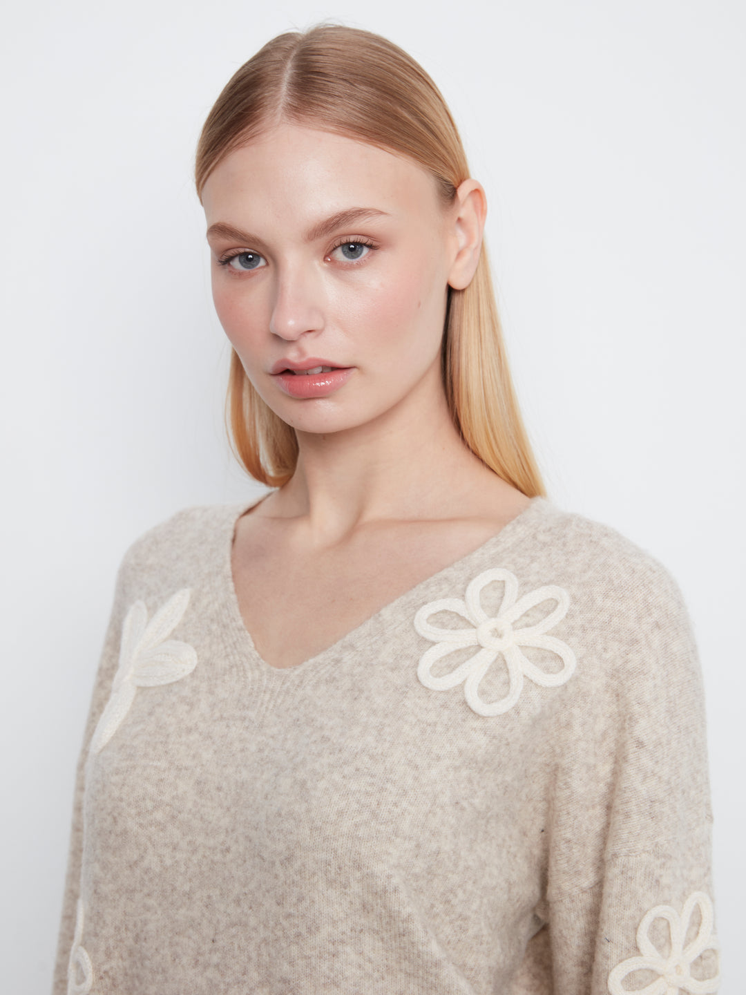 Long Sleeve Drop Shoulder V Neck w/ Flower Applique