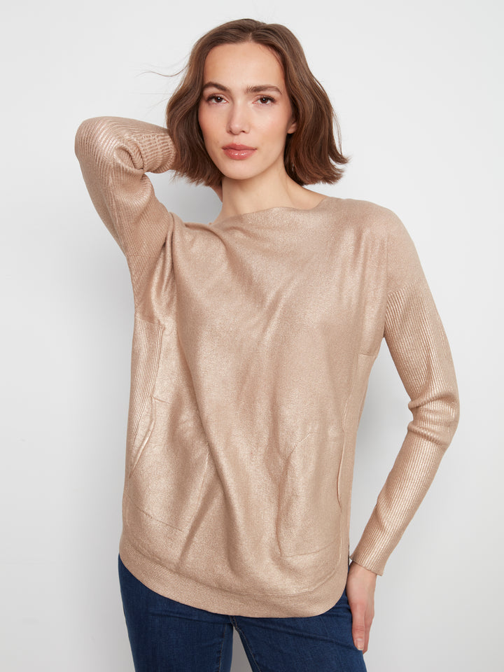 Long Sleeve Boat Neck Foiled Print Sweater With Pockets And Eyelets Detail At Back