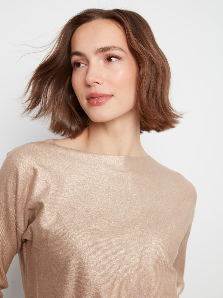 Long Sleeve Boat Neck Foiled Print Sweater With Pockets And Eyelets Detail At Back