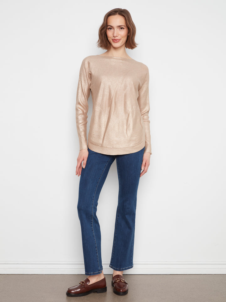 Long Sleeve Boat Neck Foiled Print Sweater With Pockets And Eyelets Detail At Back
