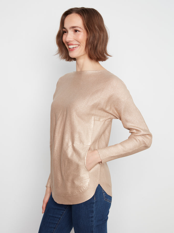 Long Sleeve Boat Neck Foiled Print Sweater With Pockets And Eyelets Detail At Back