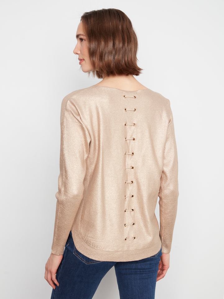 Long Sleeve Boat Neck Foiled Print Sweater With Pockets And Eyelets Detail At Back