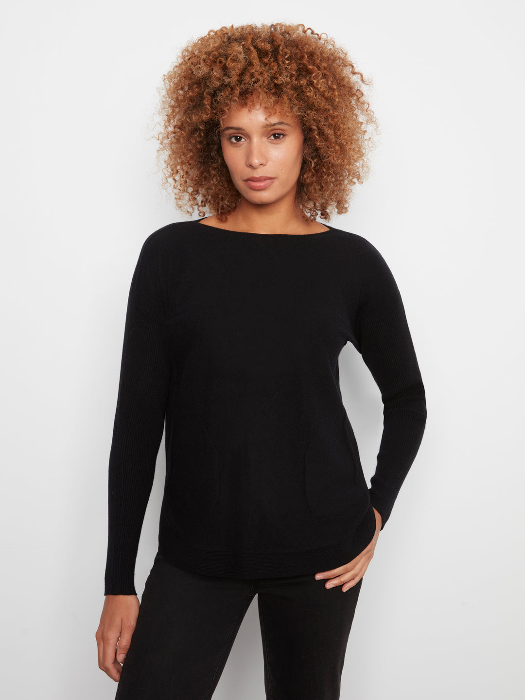 Long Sleeve Boat Neck Sweater With Pockets And Eyelets Detail At Back