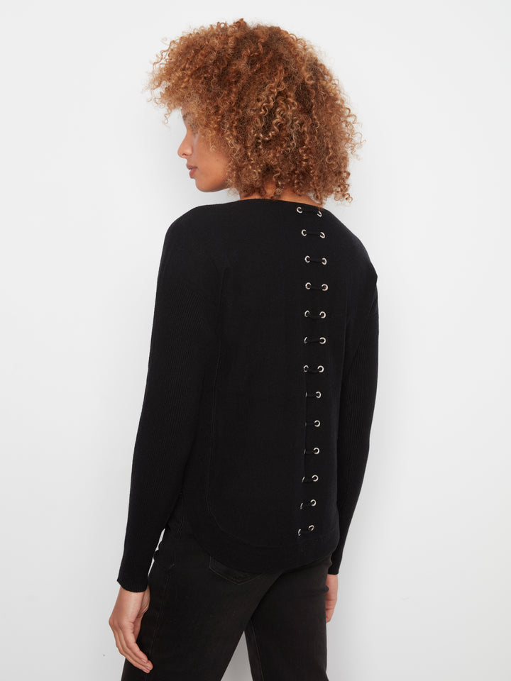 Long Sleeve Boat Neck Sweater With Pockets And Eyelets Detail At Back