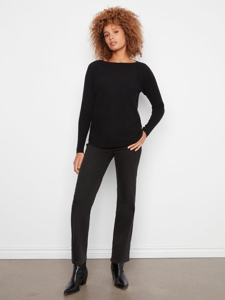 Long Sleeve Boat Neck Sweater With Pockets And Eyelets Detail At Back