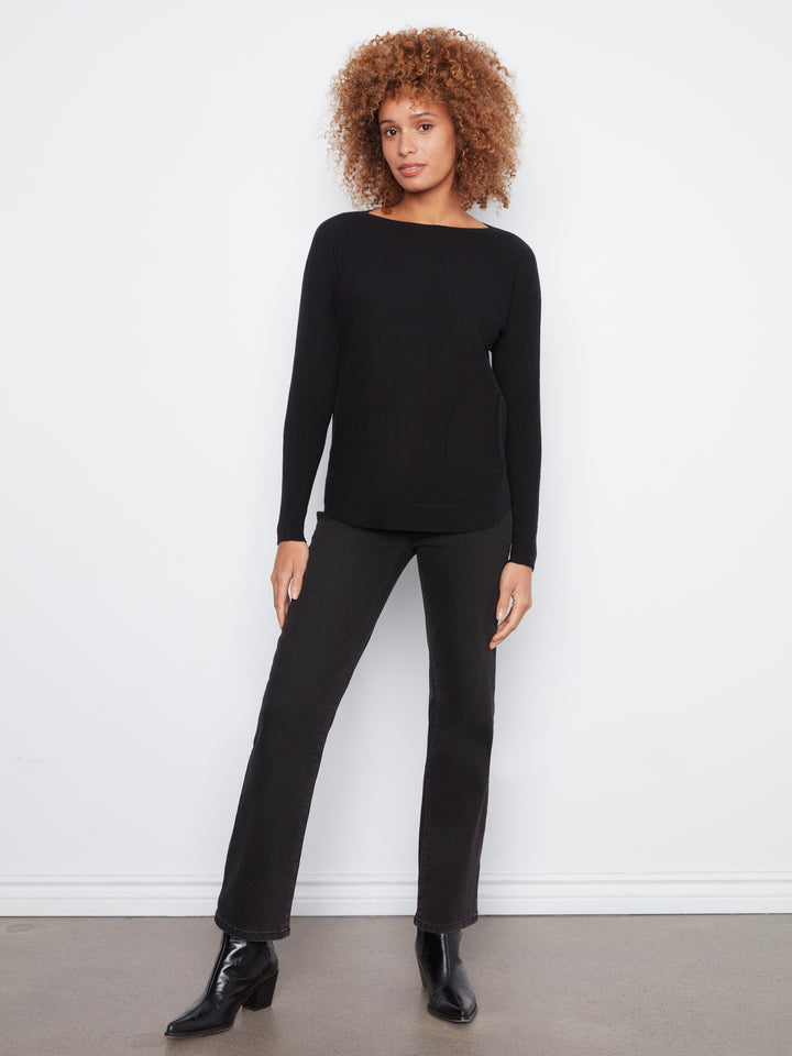 Long Sleeve Boat Neck Sweater With Pockets And Eyelets Detail At Back