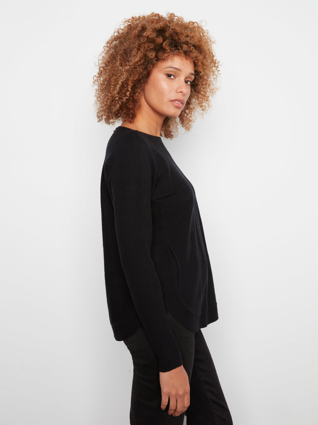 Long Sleeve Boat Neck Sweater With Pockets And Eyelets Detail At Back