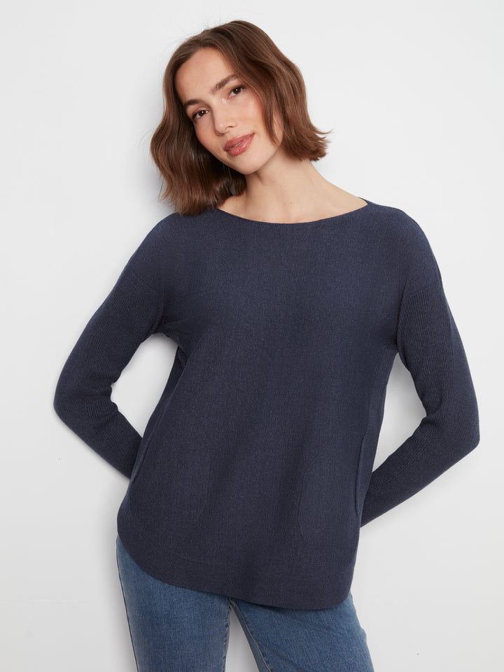 Long Sleeve Boat Neck Sweater With Pockets And Eyelets Detail At Back