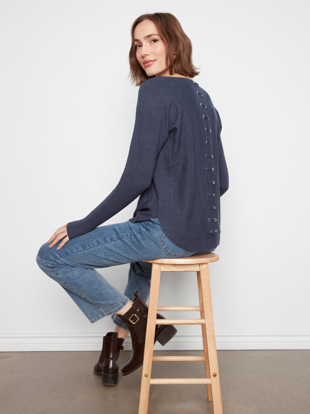 Long Sleeve Boat Neck Sweater With Pockets And Eyelets Detail At Back