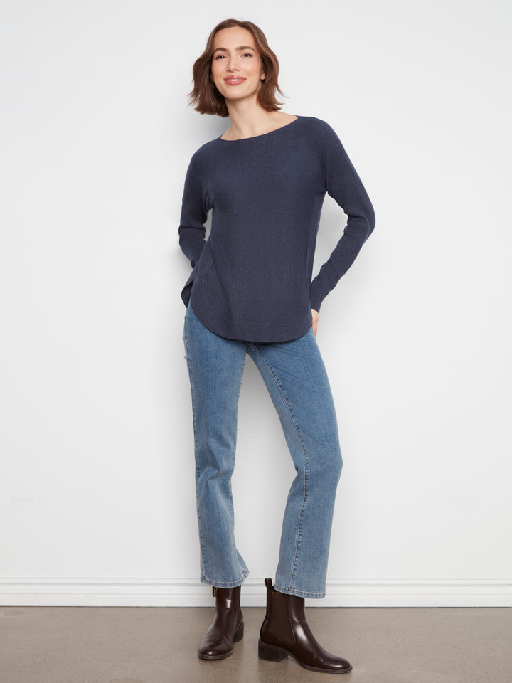 Long Sleeve Boat Neck Sweater With Pockets And Eyelets Detail At Back