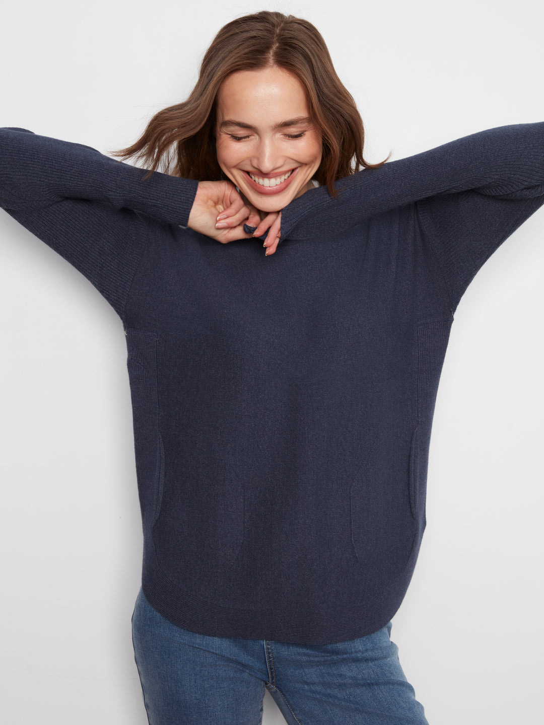Long Sleeve Boat Neck Sweater With Pockets And Eyelets Detail At Back