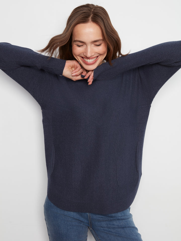 Long Sleeve Boat Neck Sweater With Pockets And Eyelets Detail At Back