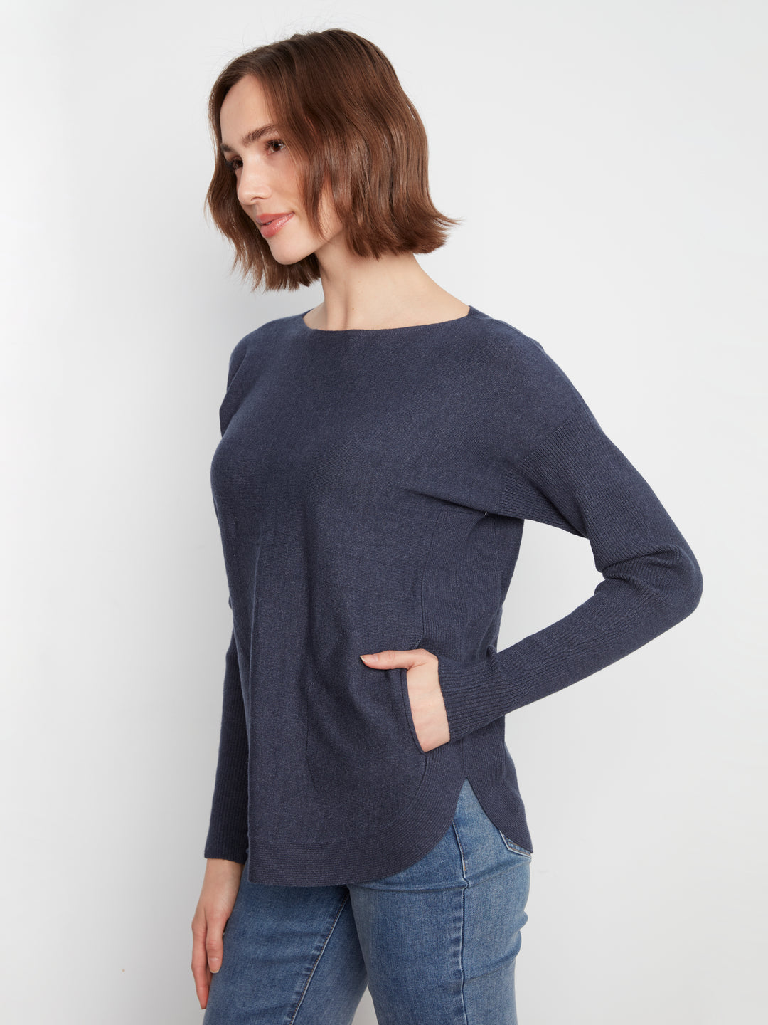 Long Sleeve Boat Neck Sweater With Pockets And Eyelets Detail At Back