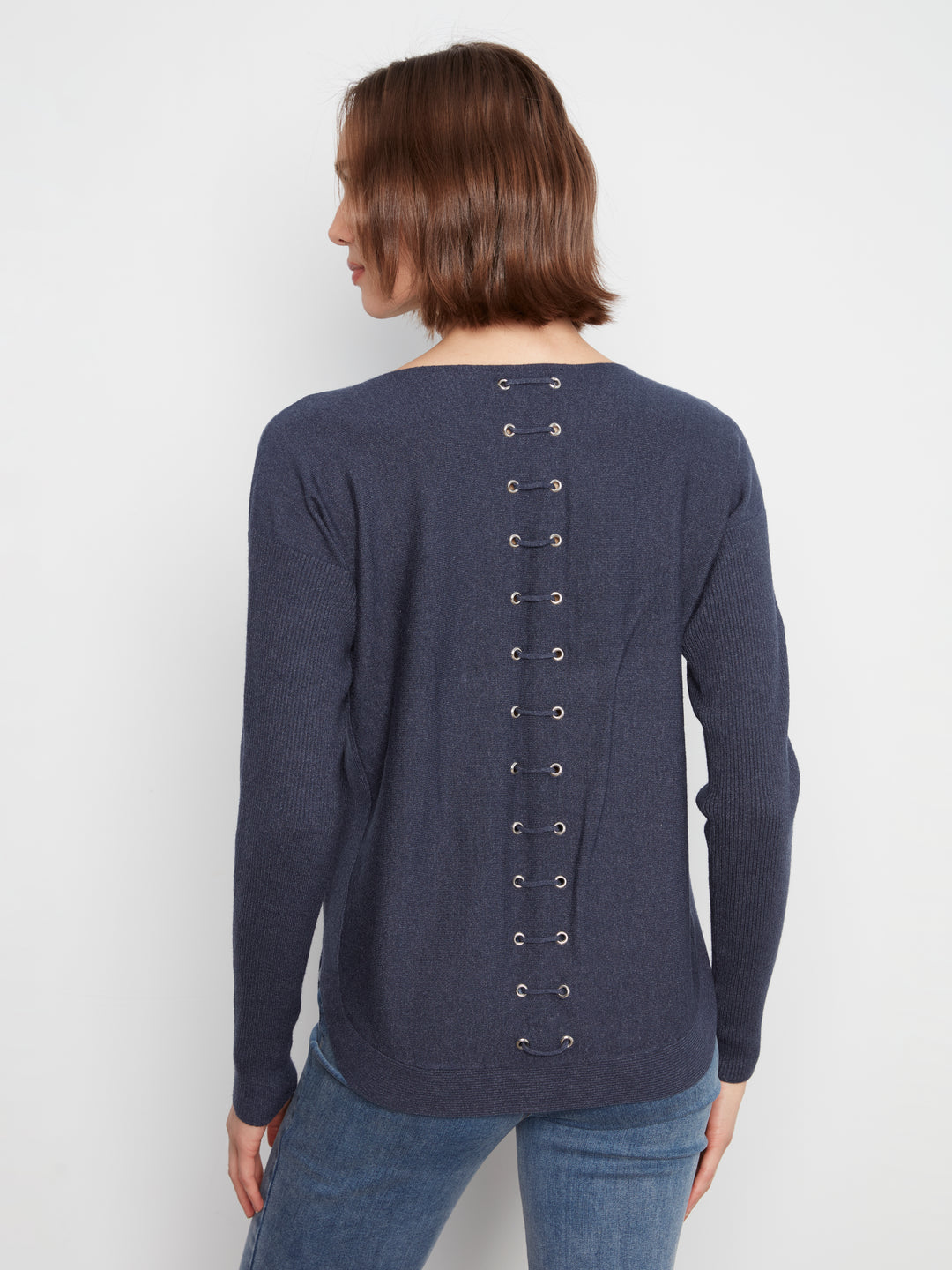 Long Sleeve Boat Neck Sweater With Pockets And Eyelets Detail At Back