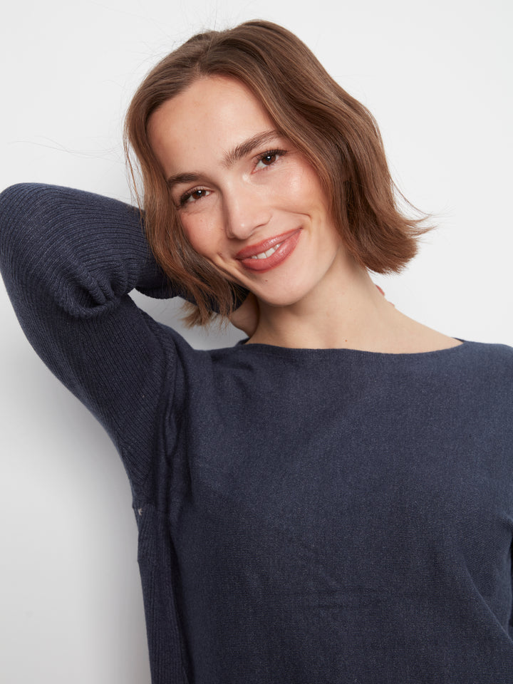 Long Sleeve Boat Neck Sweater With Pockets And Eyelets Detail At Back