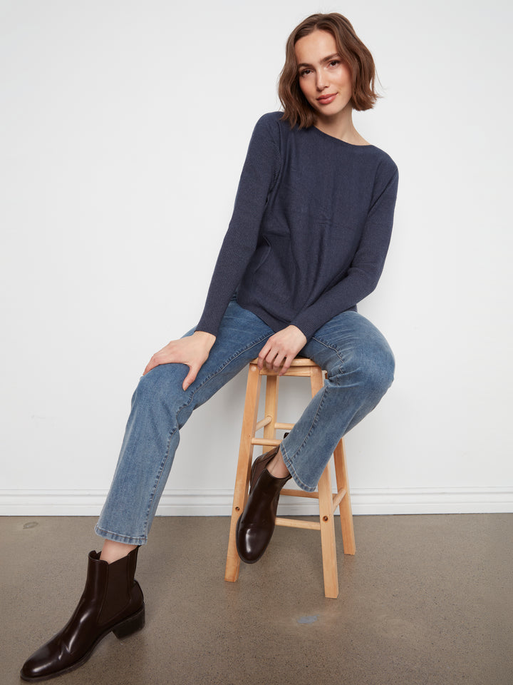 Long Sleeve Boat Neck Sweater With Pockets And Eyelets Detail At Back