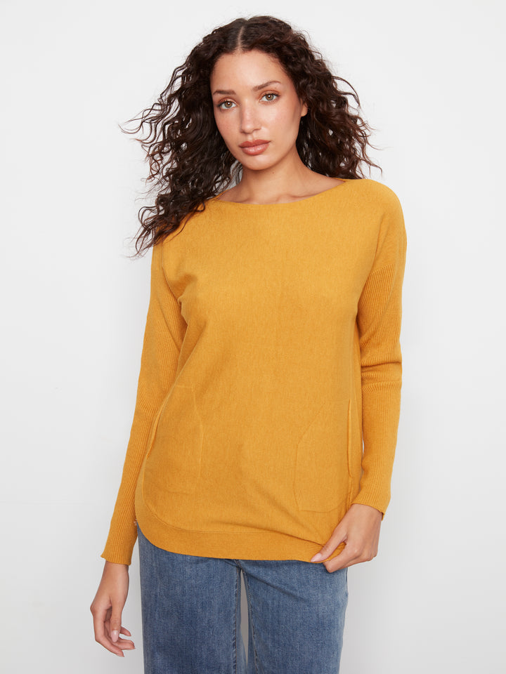 Long Sleeve Boat Neck Sweater With Pockets And Eyelets Detail At Back