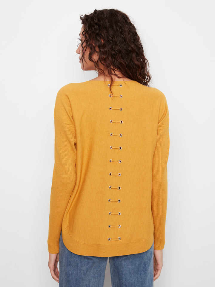 Long Sleeve Boat Neck Sweater With Pockets And Eyelets Detail At Back