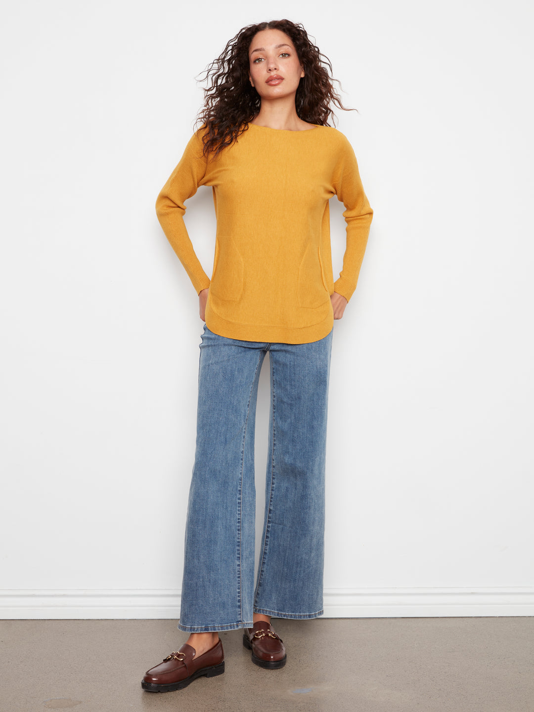 Long Sleeve Boat Neck Sweater With Pockets And Eyelets Detail At Back